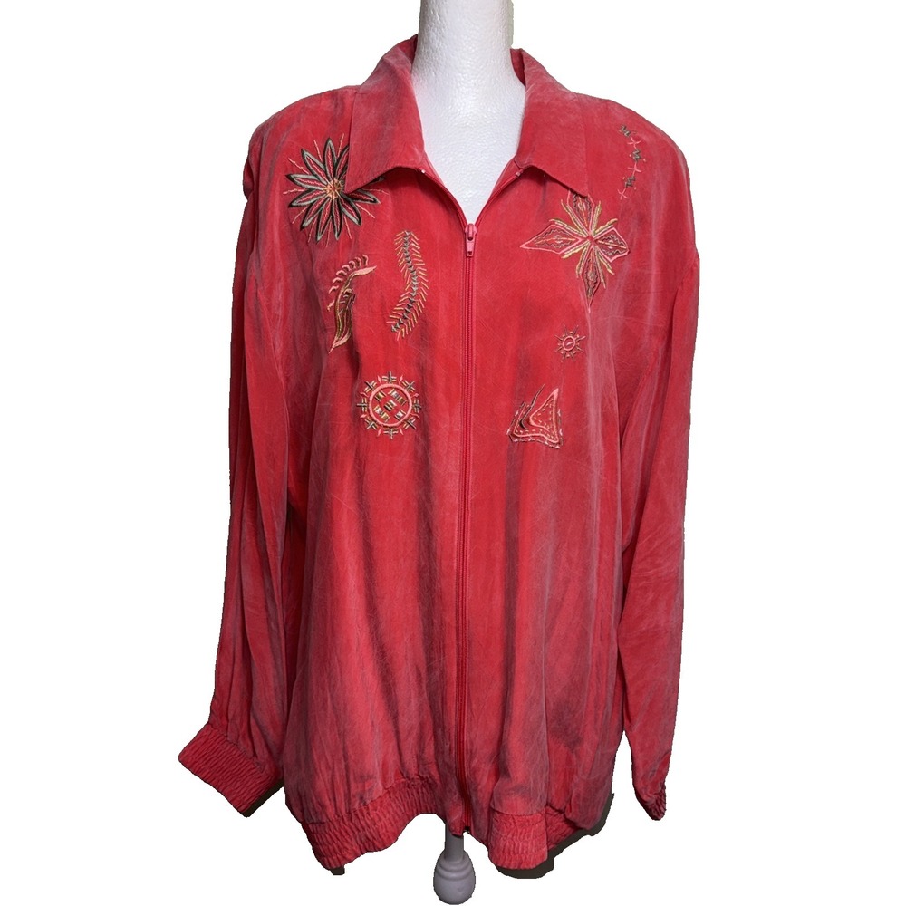 Saint Germain Red Bomber Jacket L Embroidered Starburst Sun Wearable Art Zip